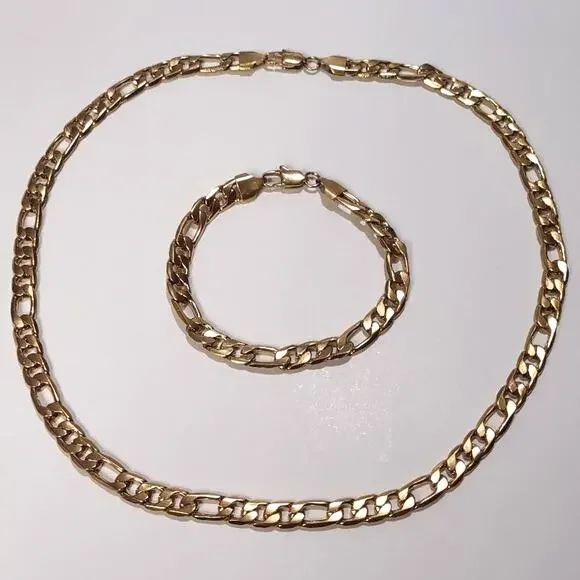 18k Plated Necklace & Bracelet Set Gold Figaro Valentines Birthday Gift - NEW!!!
